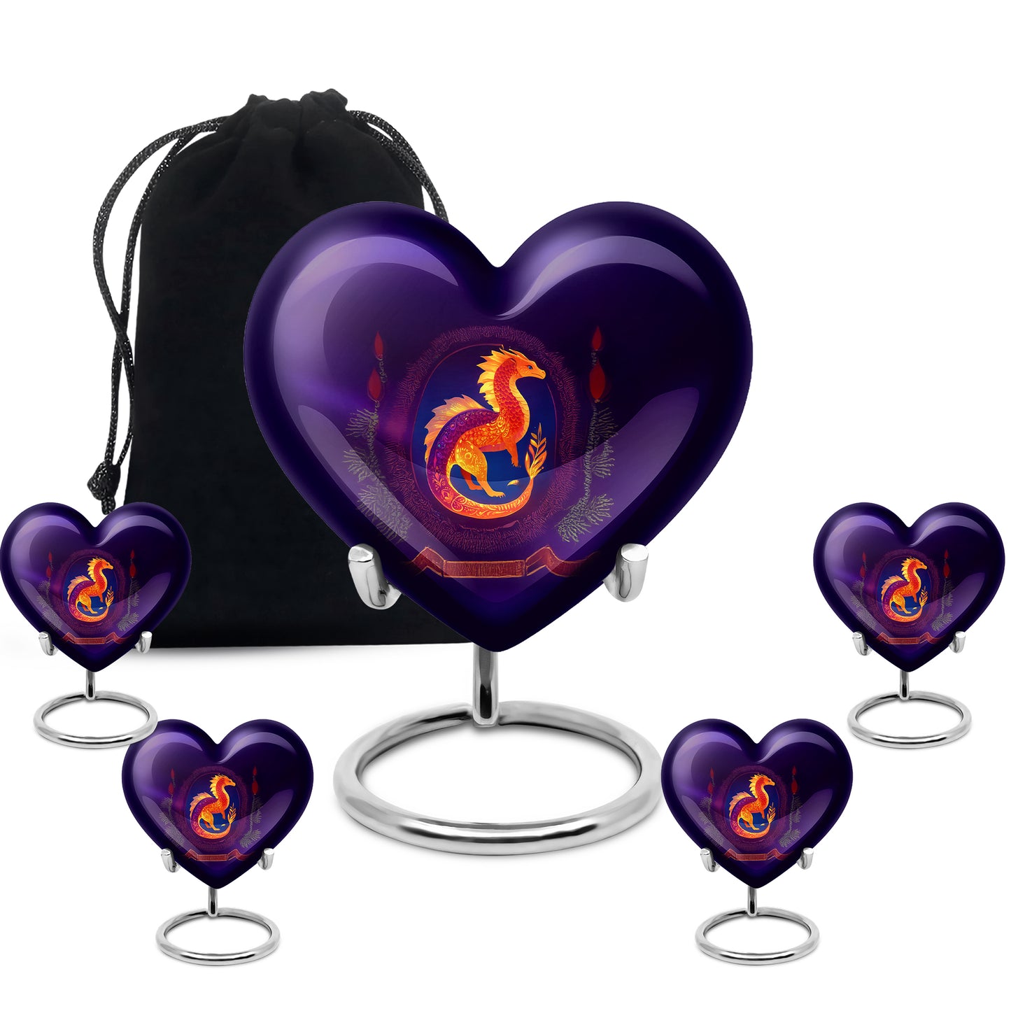 Majestic Purple Dragon Cremation Urn close-up of engraving and surface detail - loving heart memorial featuring dragon pattern - memorial set with one large and four small urns
