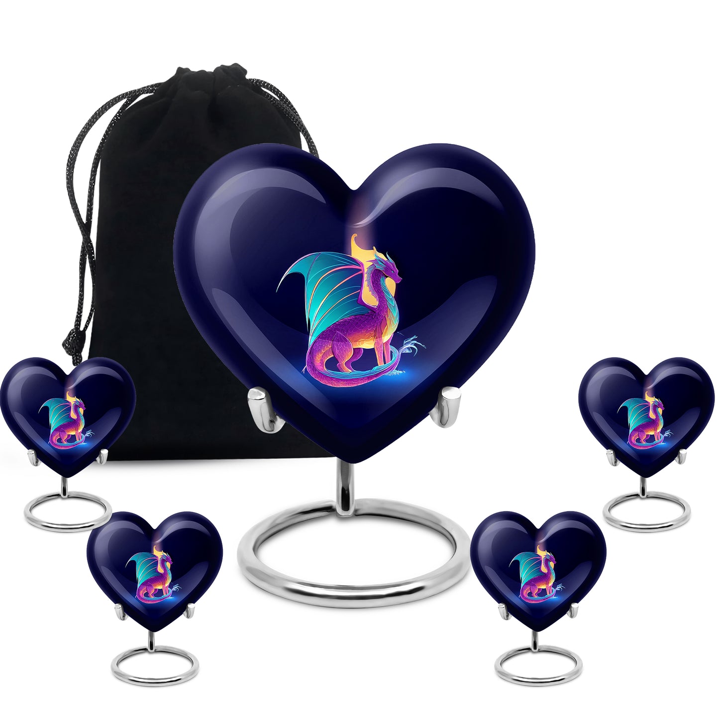 Azure Dragon Cremation Urn close-up of engraving and surface detail - heart-shaped dragon design symbolizing eternal love - memorial set with one large and four small urns