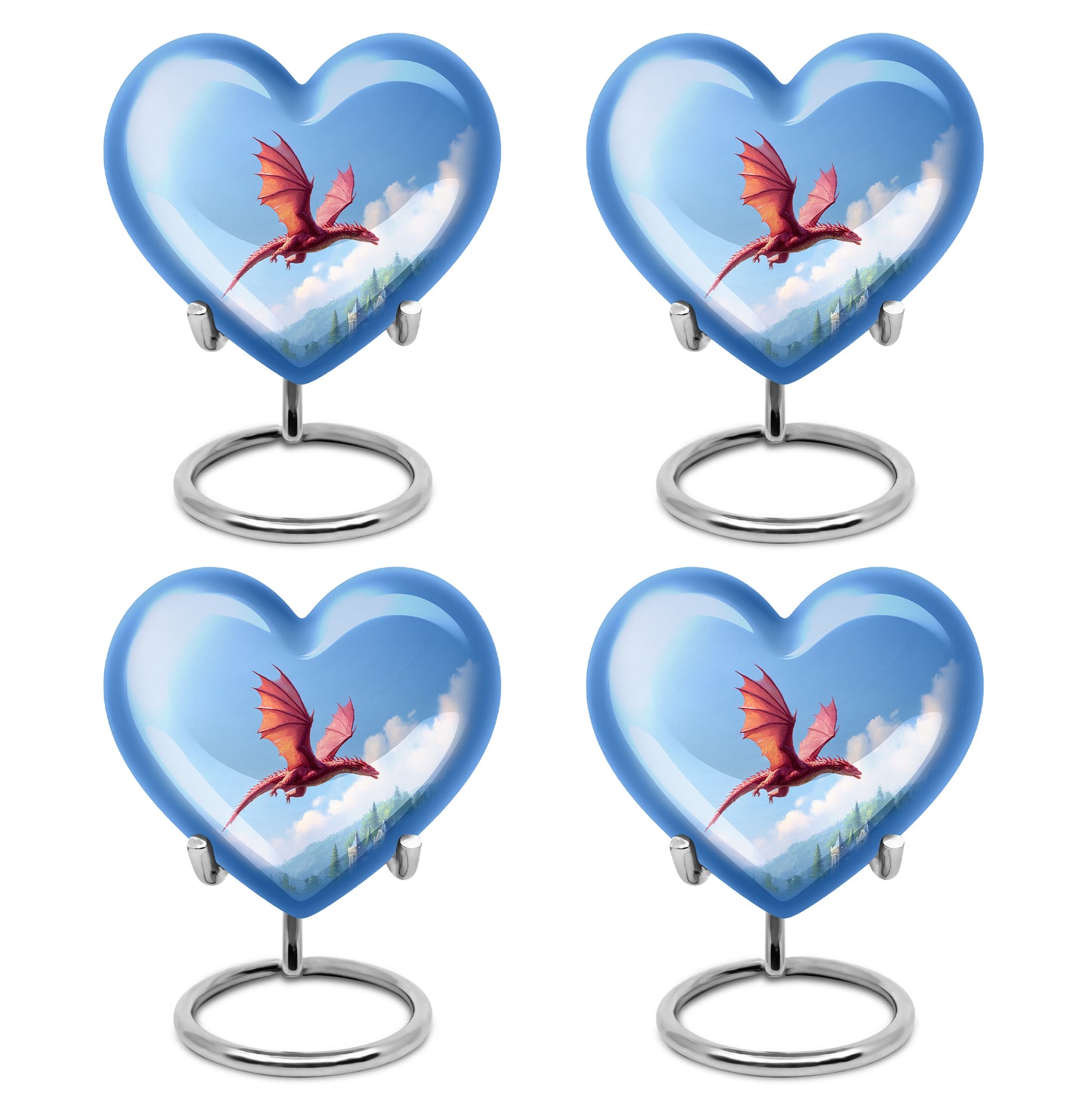 Sky Blue Dragon Cremation Urn angled view of lid and engraved motif - loving heart memorial featuring dragon pattern - 10 inch aluminum urn for cremated remains