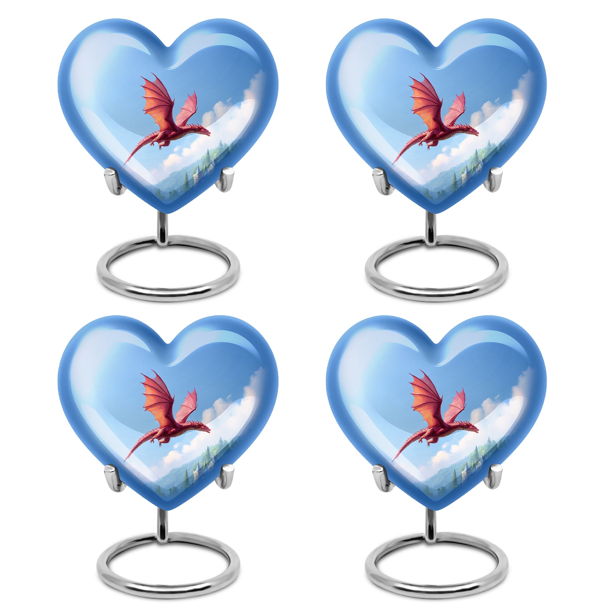 Sky Blue Dragon Cremation Urn angled view of lid and engraved motif - loving heart memorial featuring dragon pattern - 10 inch aluminum urn for cremated remains
