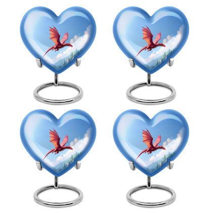 Sky Blue Dragon Cremation Urn angled view of lid and engraved motif - loving heart memorial featuring dragon pattern - 10 inch aluminum urn for cremated remains