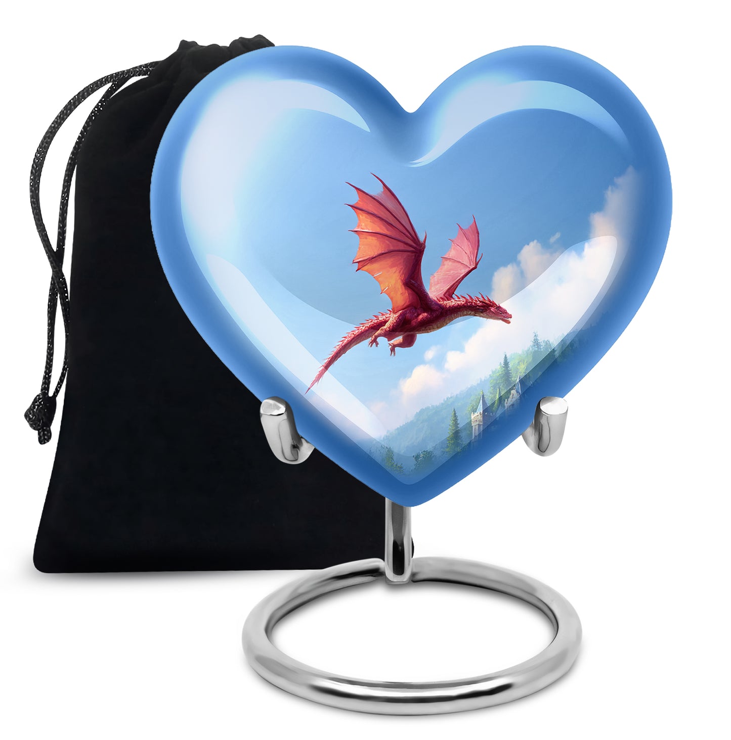 Icy Blue Dragon Cremation Urn detail view - loving heart memorial featuring dragon pattern - full-size 10 inch 200 cubic inch adult cremation urn