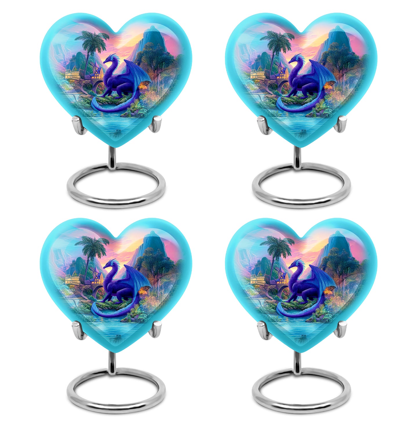Soft Blue Dragon Cremation Urn angled view of lid and engraved motif - compassionate heart-dragon combination with gentle curves - 10 inch aluminum urn for cremated remains
