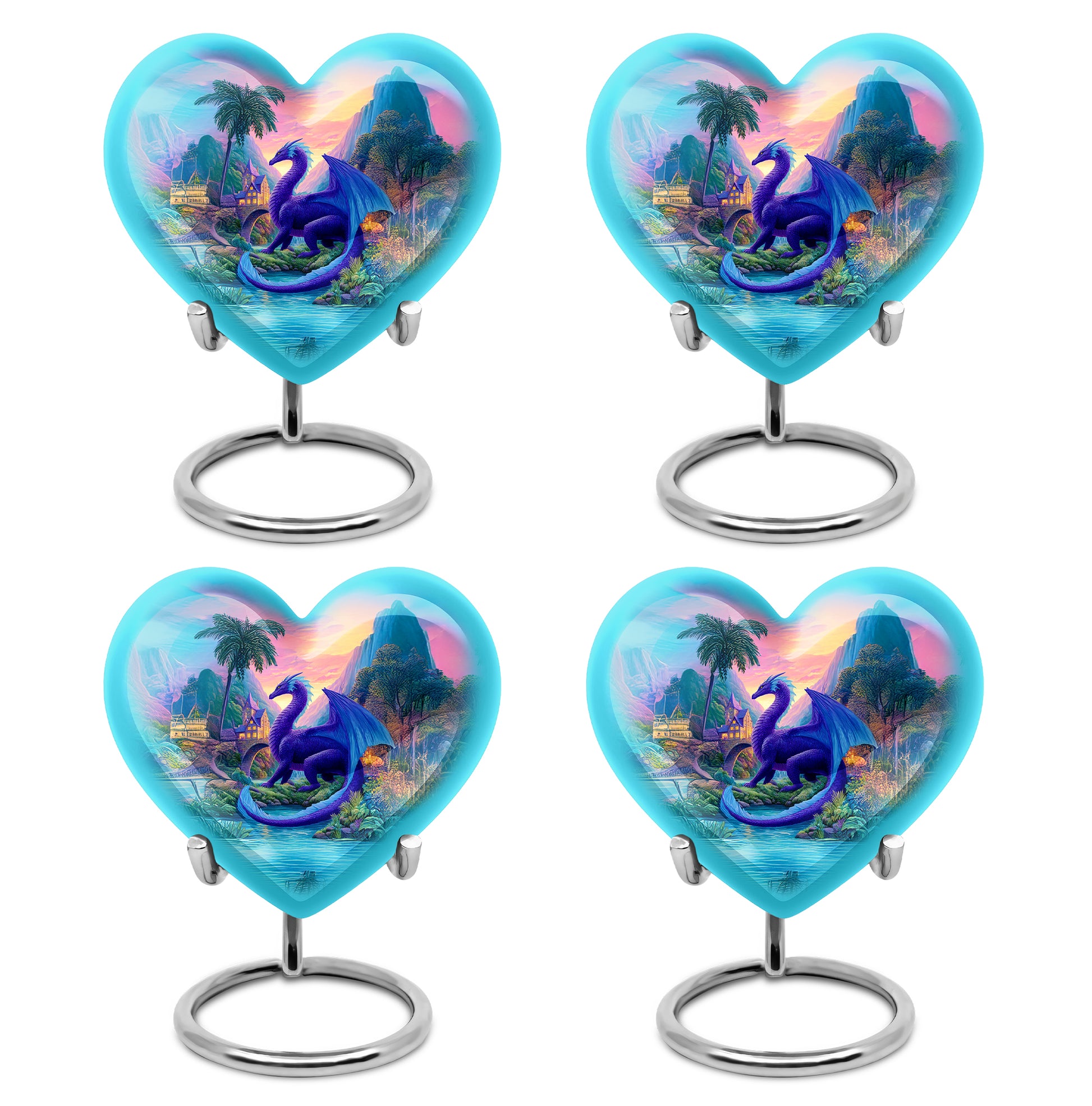 Soft Blue Dragon Cremation Urn angled view of lid and engraved motif - compassionate heart-dragon combination with gentle curves - 10 inch aluminum urn for cremated remains