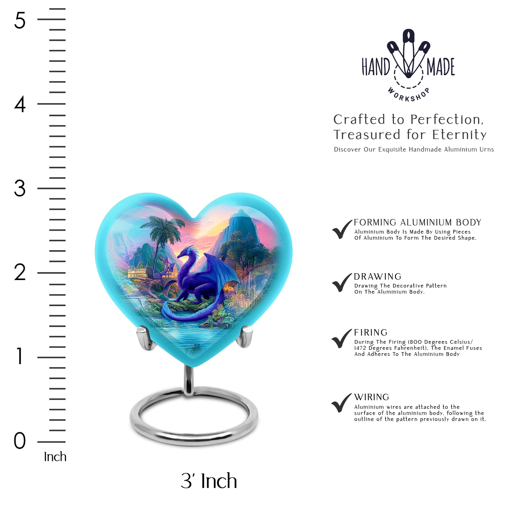 Royal Blue Dragon Cremation Urn front view showing detailed design - romantic heart urn with dragon motif on aluminum - mini keepsake memorial for portion of cremation ashes