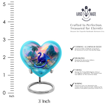 Royal Blue Dragon Cremation Urn front view showing detailed design - romantic heart urn with dragon motif on aluminum - mini keepsake memorial for portion of cremation ashes