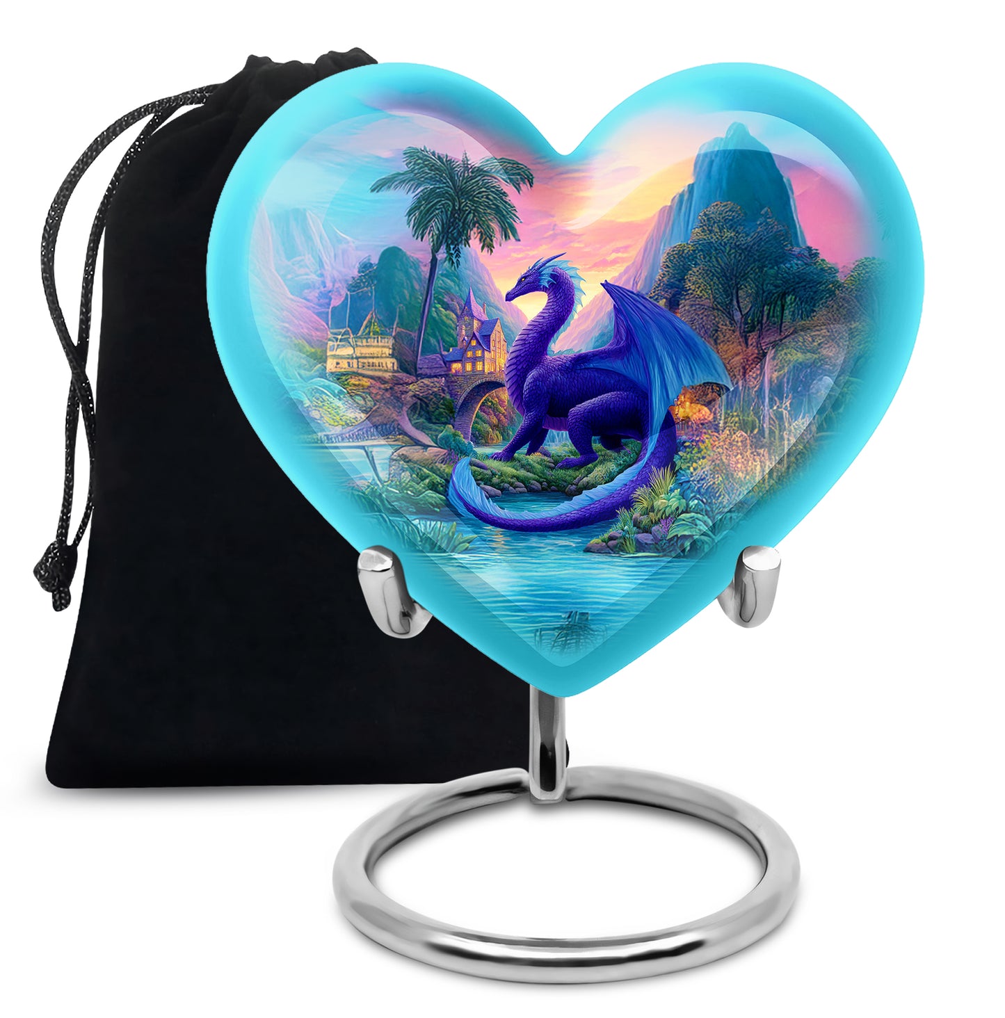 Serene Blue Dragon Cremation Urn detail view - romantic heart urn with dragon motif on aluminum - full-size 10 inch 200 cubic inch adult cremation urn