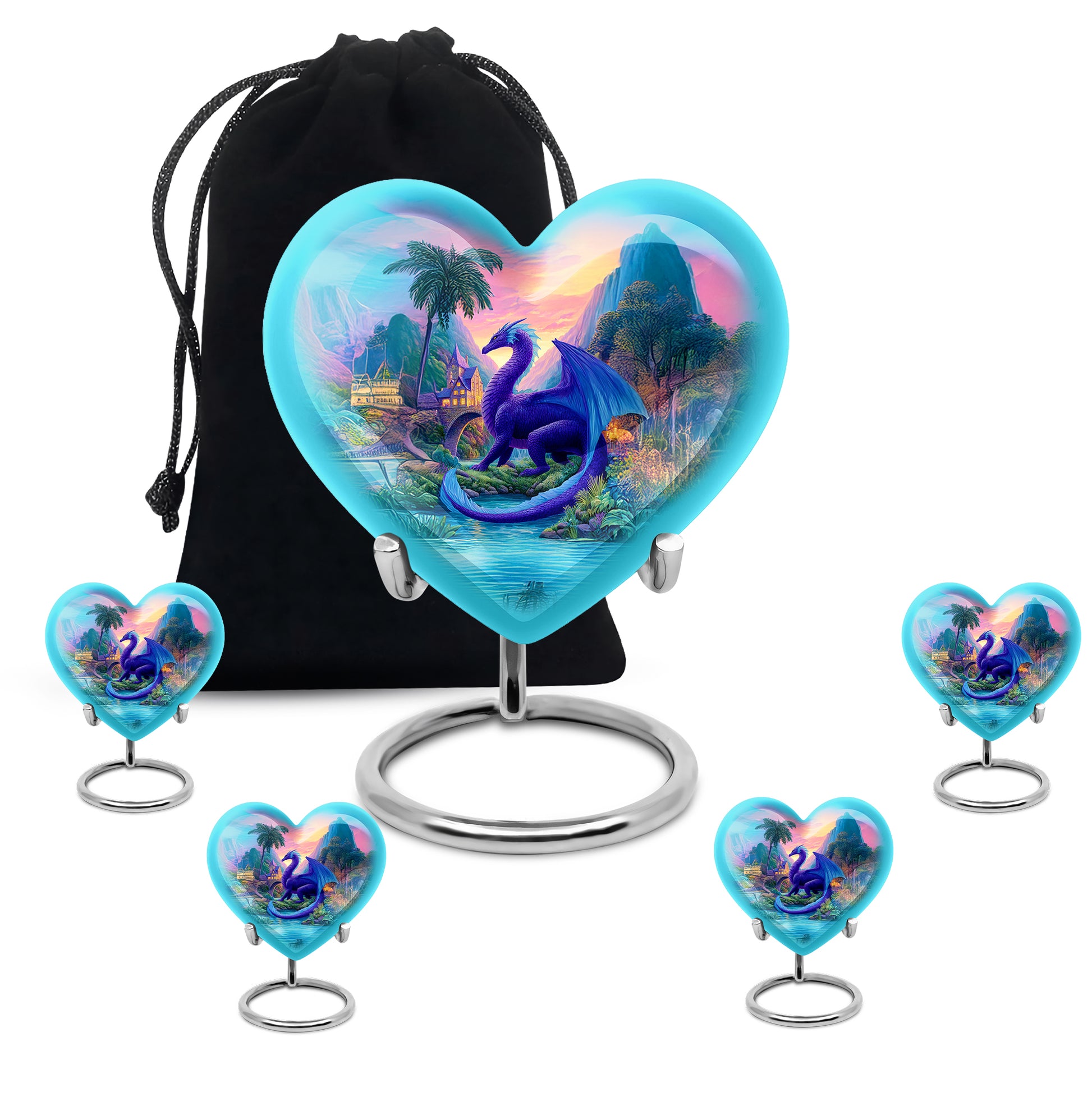 Powder Blue Dragon Cremation Urn close-up of engraving and surface detail - heart-shaped dragon design symbolizing eternal love - memorial set with one large and four small urns