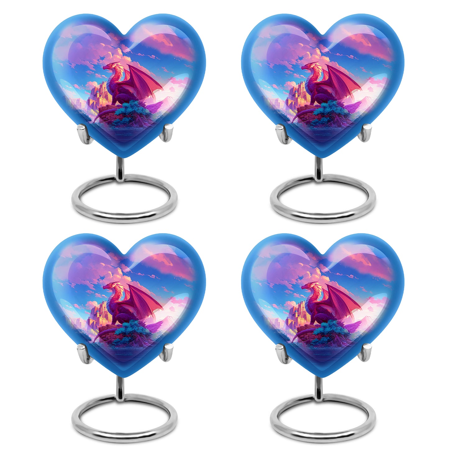Soft Blue Dragon Cremation Urn angled view of lid and engraved motif - romantic heart urn with dragon motif on aluminum - 10 inch aluminum urn for cremated remains