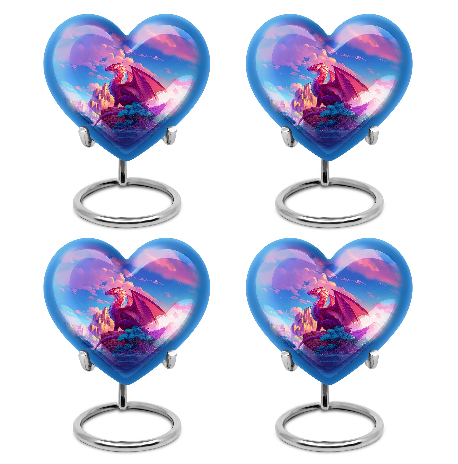 Soft Blue Dragon Cremation Urn angled view of lid and engraved motif - romantic heart urn with dragon motif on aluminum - 10 inch aluminum urn for cremated remains