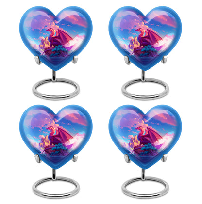 Soft Blue Dragon Cremation Urn angled view of lid and engraved motif - romantic heart urn with dragon motif on aluminum - 10 inch aluminum urn for cremated remains