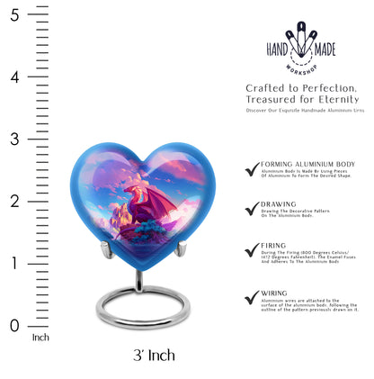 Soft Blue Dragon Cremation Urn front view showing detailed design - romantic heart urn with dragon motif on aluminum - mini keepsake memorial for portion of cremation ashes