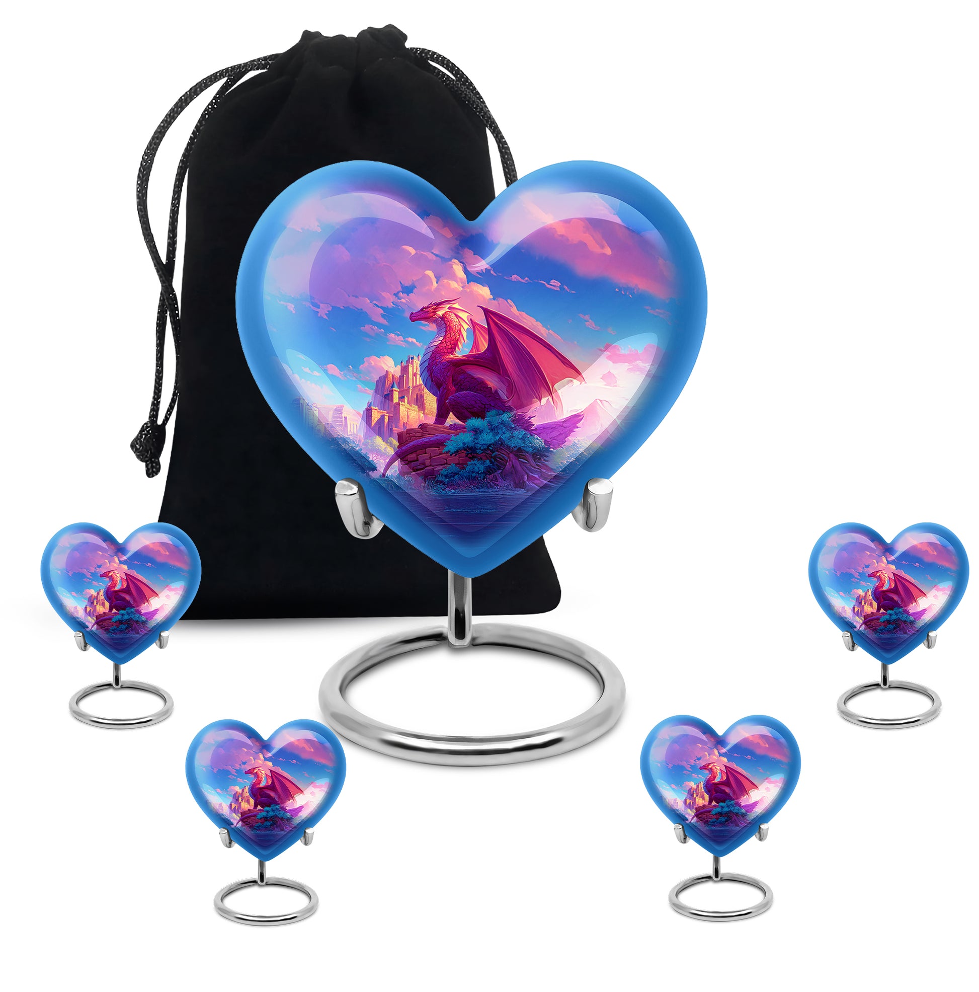Vivid Blue Dragon Cremation Urn close-up of engraving and surface detail - romantic heart urn with dragon motif on aluminum - memorial set with one large and four small urns