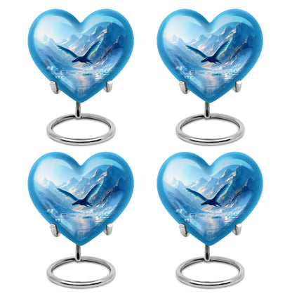 Soft Blue Dragon Cremation Urn angled view of lid and engraved motif - romantic heart urn with dragon motif on aluminum - 10 inch aluminum urn for cremated remains