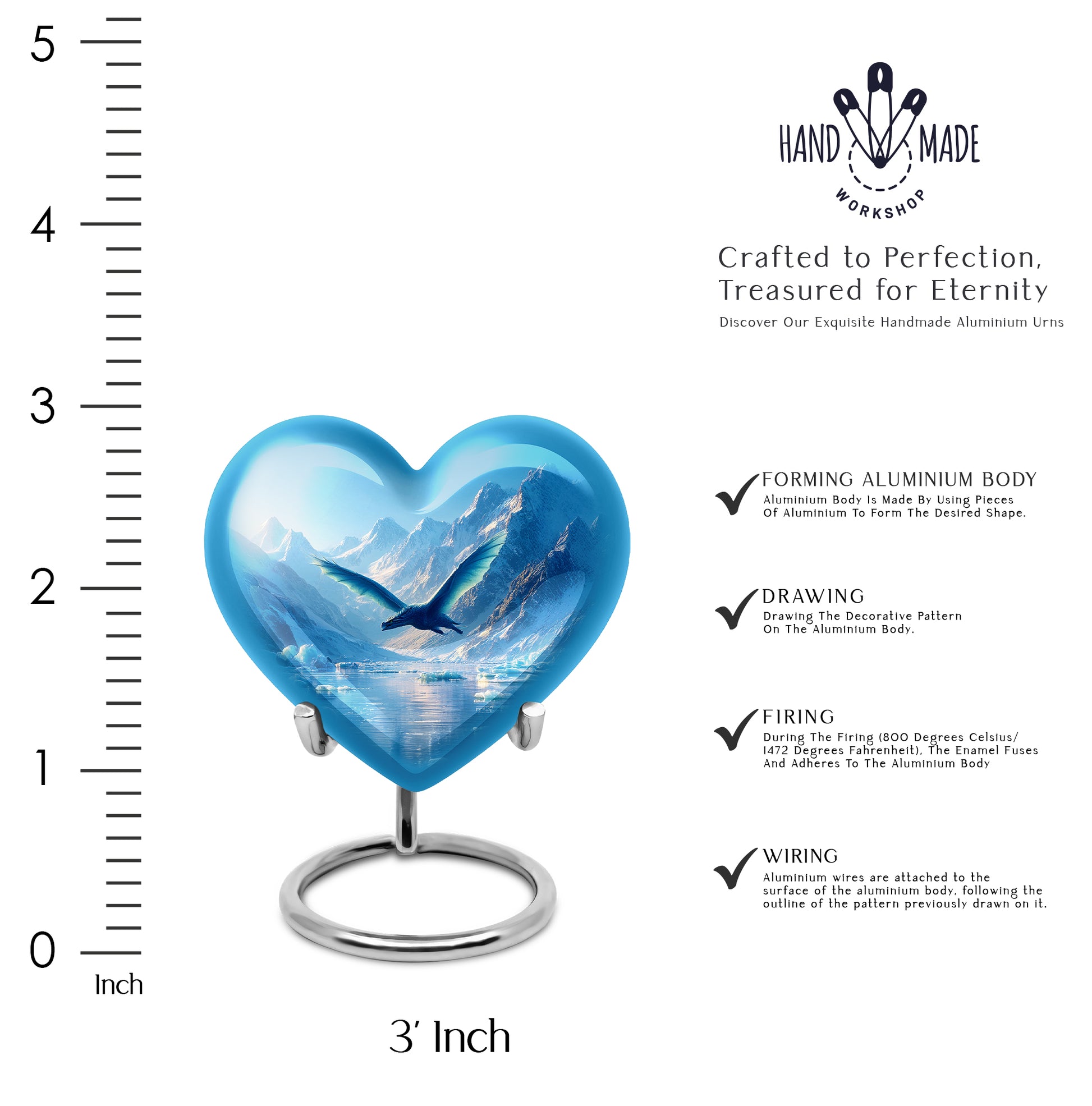 Slate Blue Dragon Cremation Urn front view showing detailed design - loving heart memorial featuring dragon pattern - mini keepsake memorial for portion of cremation ashes