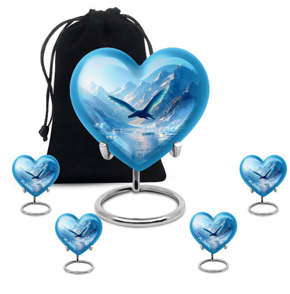 Azure Dragon Cremation Urn close-up of engraving and surface detail - heart-shaped dragon design symbolizing eternal love - memorial set with one large and four small urns