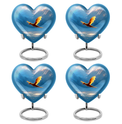 Sapphire Blue Dragon Cremation Urn angled view of lid and engraved motif - romantic heart urn with dragon motif on aluminum - 10 inch aluminum urn for cremated remains