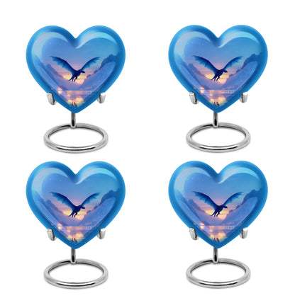 Indigo Dragon Cremation Urn angled view of lid and engraved motif - heart-shaped dragon design symbolizing eternal love - 10 inch aluminum urn for cremated remains
