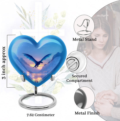 Vivid Blue Dragon Cremation Urn front view showing detailed design - romantic heart urn with dragon motif on aluminum - mini keepsake memorial for portion of cremation ashes