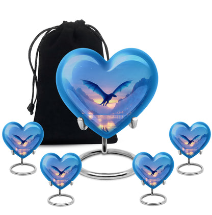 Royal Blue Dragon Cremation Urn close-up of engraving and surface detail - compassionate heart-dragon combination with gentle curves - memorial set with one large and four small urns