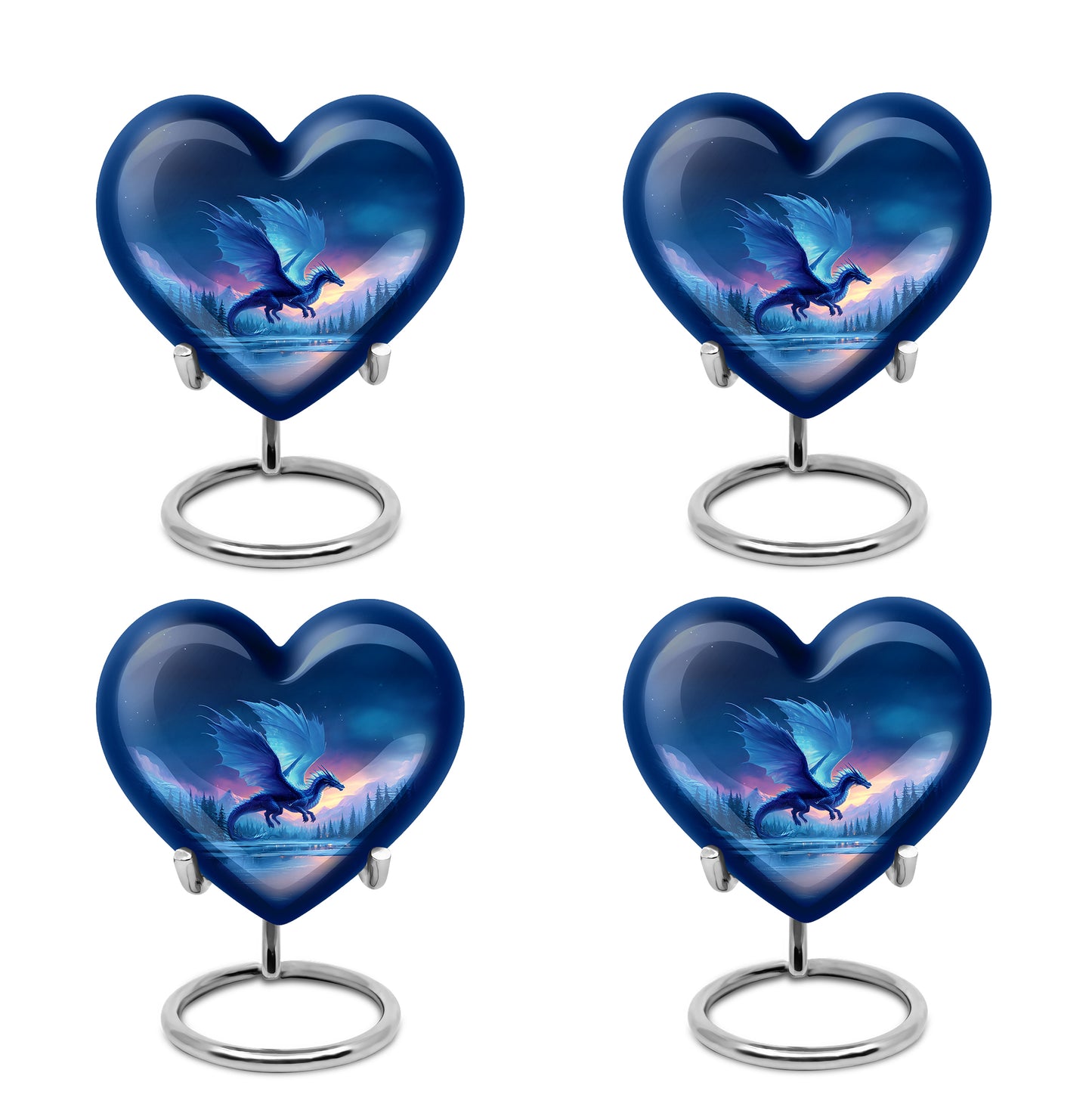Powder Blue Dragon Cremation Urn angled view of lid and engraved motif - heart-shaped dragon design symbolizing eternal love - 10 inch aluminum urn for cremated remains