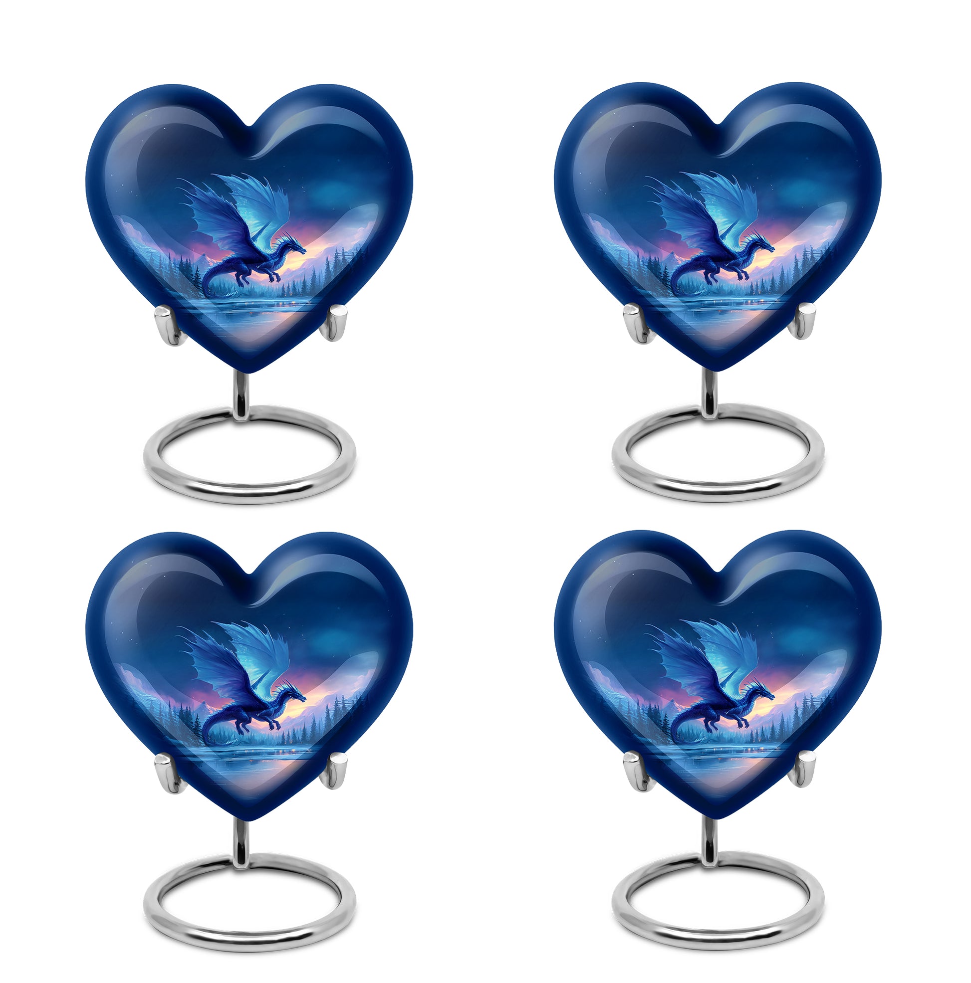 Powder Blue Dragon Cremation Urn angled view of lid and engraved motif - heart-shaped dragon design symbolizing eternal love - 10 inch aluminum urn for cremated remains