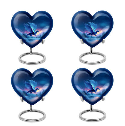 Powder Blue Dragon Cremation Urn angled view of lid and engraved motif - heart-shaped dragon design symbolizing eternal love - 10 inch aluminum urn for cremated remains