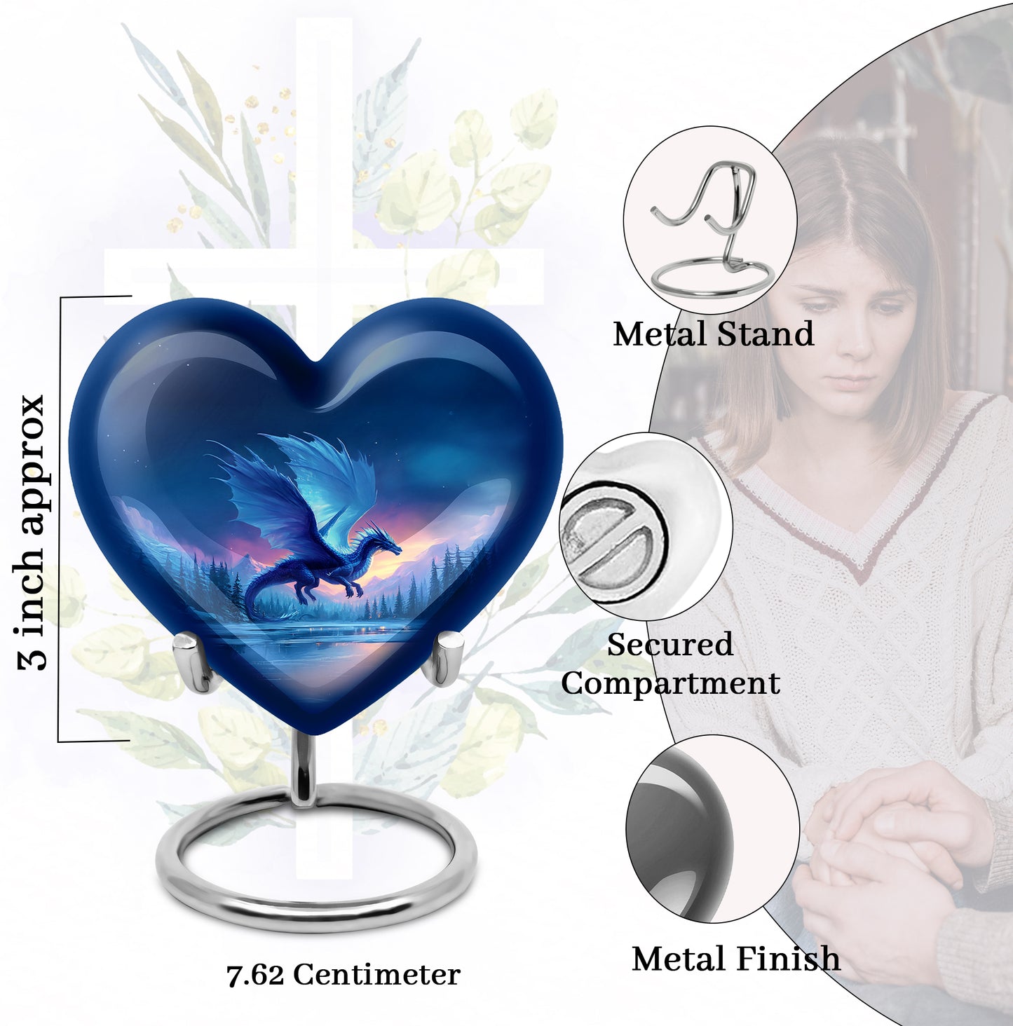 Azure Dragon Cremation Urn front view showing detailed design - heart-shaped dragon design symbolizing eternal love - mini keepsake memorial for portion of cremation ashes