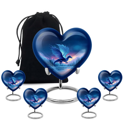 Pastel Blue Dragon Cremation Urn close-up of engraving and surface detail - heart-shaped dragon design symbolizing eternal love - memorial set with one large and four small urns