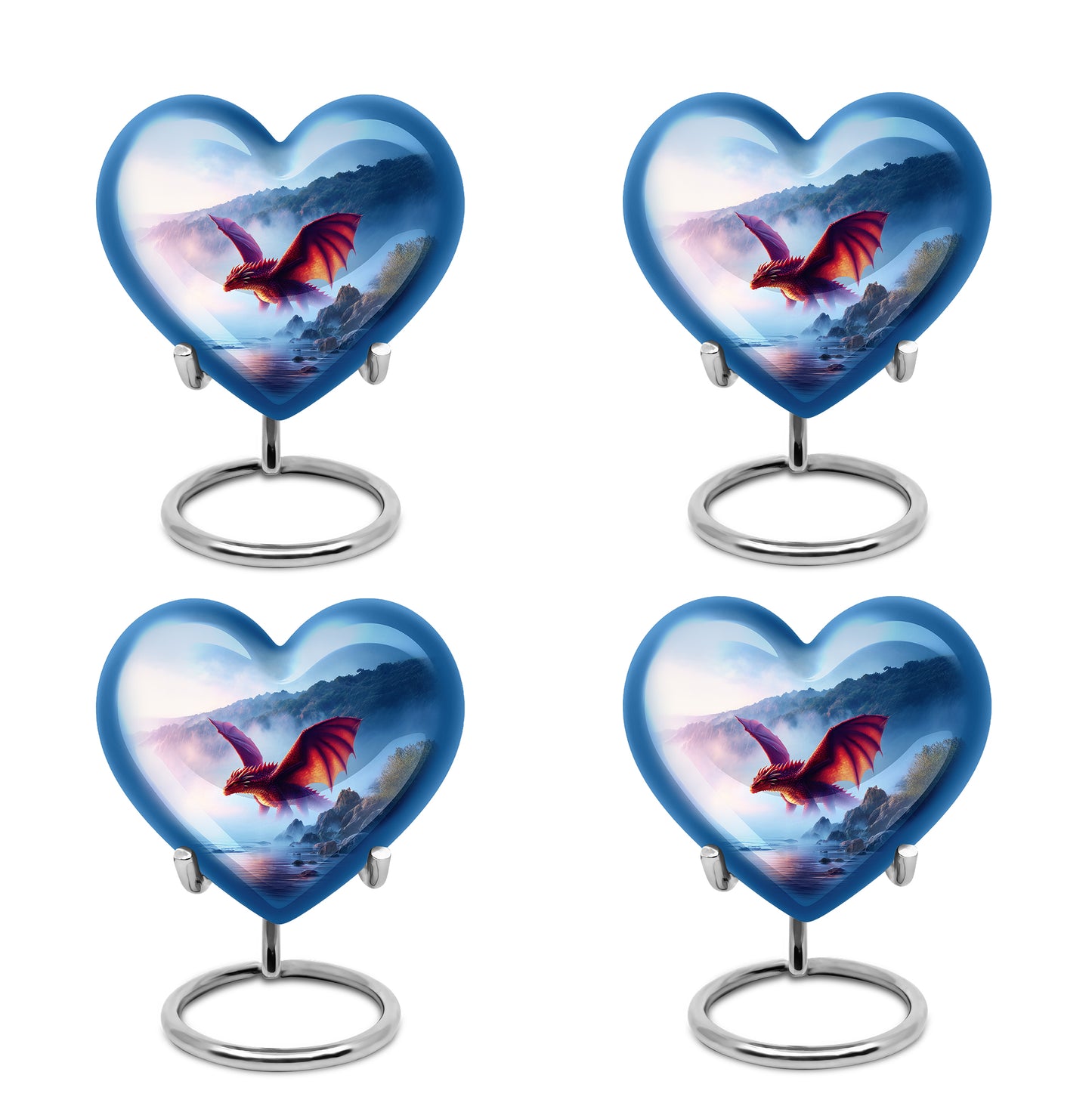 Serene Blue Dragon Cremation Urn angled view of lid and engraved motif - compassionate heart-dragon combination with gentle curves - 10 inch aluminum urn for cremated remains