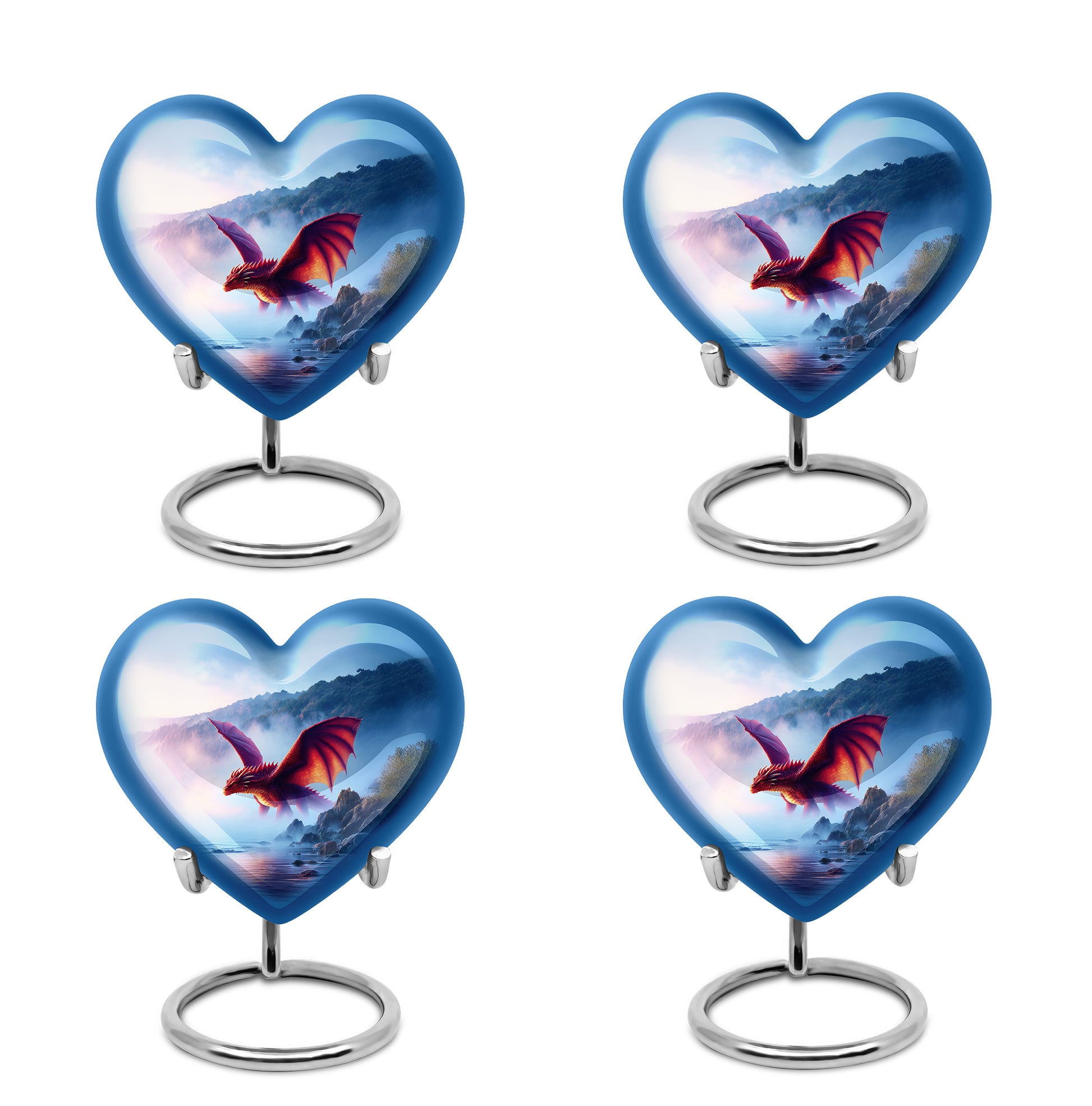 Serene Blue Dragon Cremation Urn angled view of lid and engraved motif - compassionate heart-dragon combination with gentle curves - 10 inch aluminum urn for cremated remains