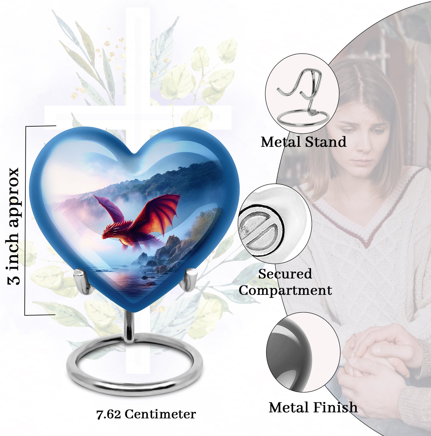 Vivid Blue Dragon Cremation Urn front view showing detailed design - compassionate heart-dragon combination with gentle curves - mini keepsake memorial for portion of cremation ashes