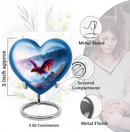Vivid Blue Dragon Cremation Urn front view showing detailed design - compassionate heart-dragon combination with gentle curves - mini keepsake memorial for portion of cremation ashes