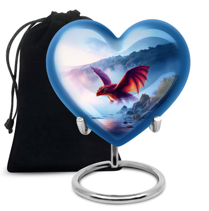 Sky Blue Dragon Cremation Urn detail view - loving heart memorial featuring dragon pattern - full-size 10 inch 200 cubic inch adult cremation urn