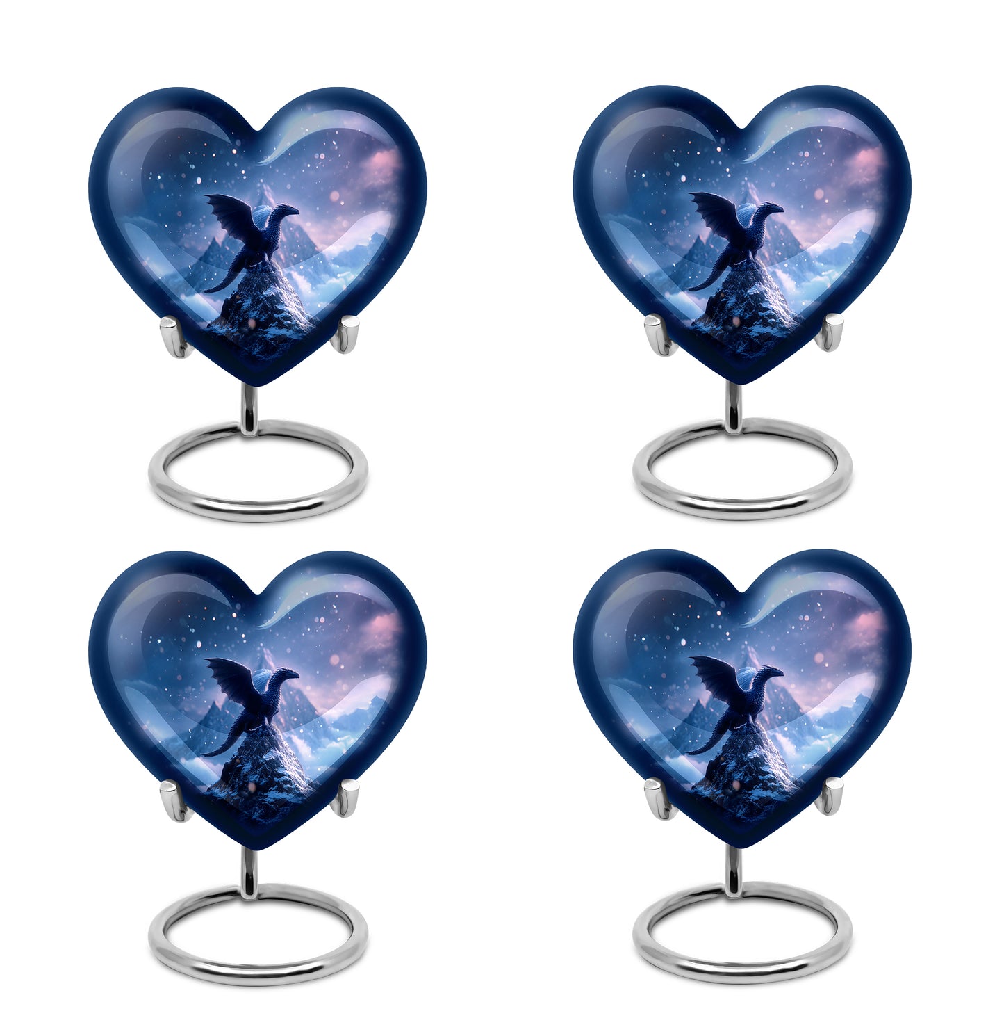 Soft Blue Dragon Cremation Urn angled view of lid and engraved motif - compassionate heart-dragon combination with gentle curves - 10 inch aluminum urn for cremated remains
