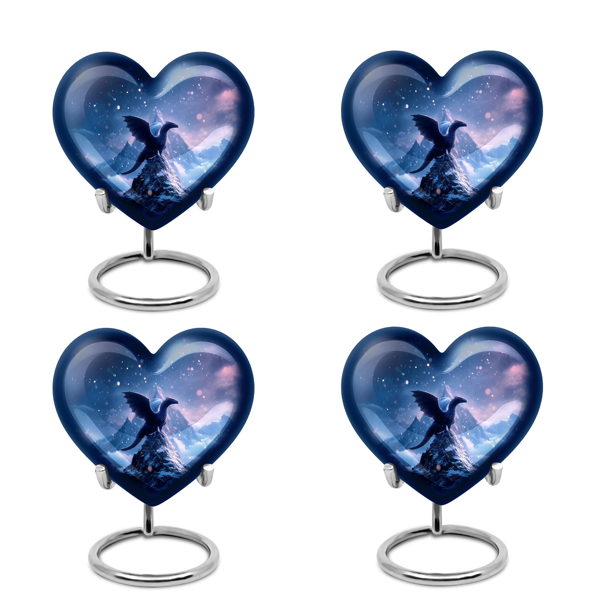 Soft Blue Dragon Cremation Urn angled view of lid and engraved motif - compassionate heart-dragon combination with gentle curves - 10 inch aluminum urn for cremated remains
