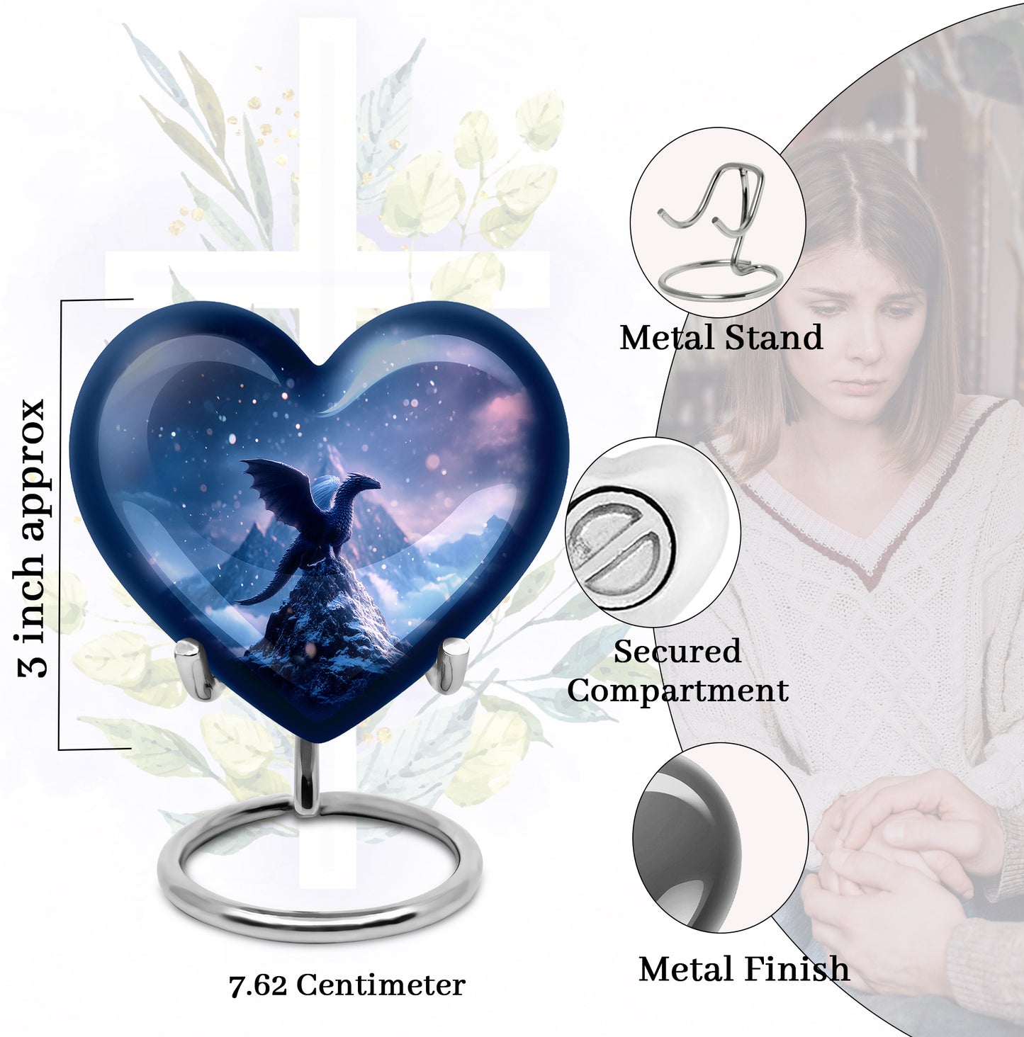 Sapphire Blue Dragon Cremation Urn front view showing detailed design - compassionate heart-dragon combination with gentle curves - mini keepsake memorial for portion of cremation ashes