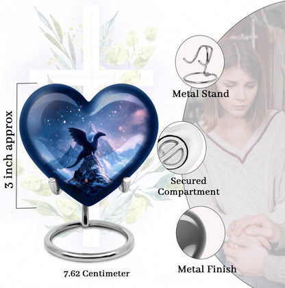 Sapphire Blue Dragon Cremation Urn front view showing detailed design - compassionate heart-dragon combination with gentle curves - mini keepsake memorial for portion of cremation ashes