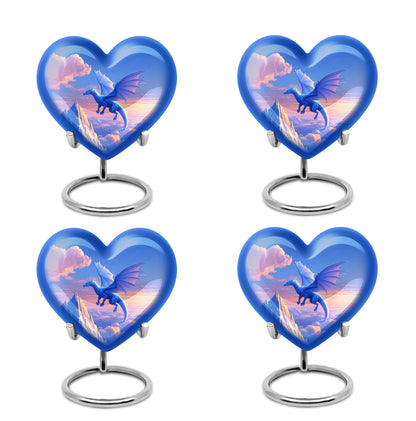 Vivid Blue Dragon Cremation Urn angled view of lid and engraved motif - compassionate heart-dragon combination with gentle curves - 10 inch aluminum urn for cremated remains