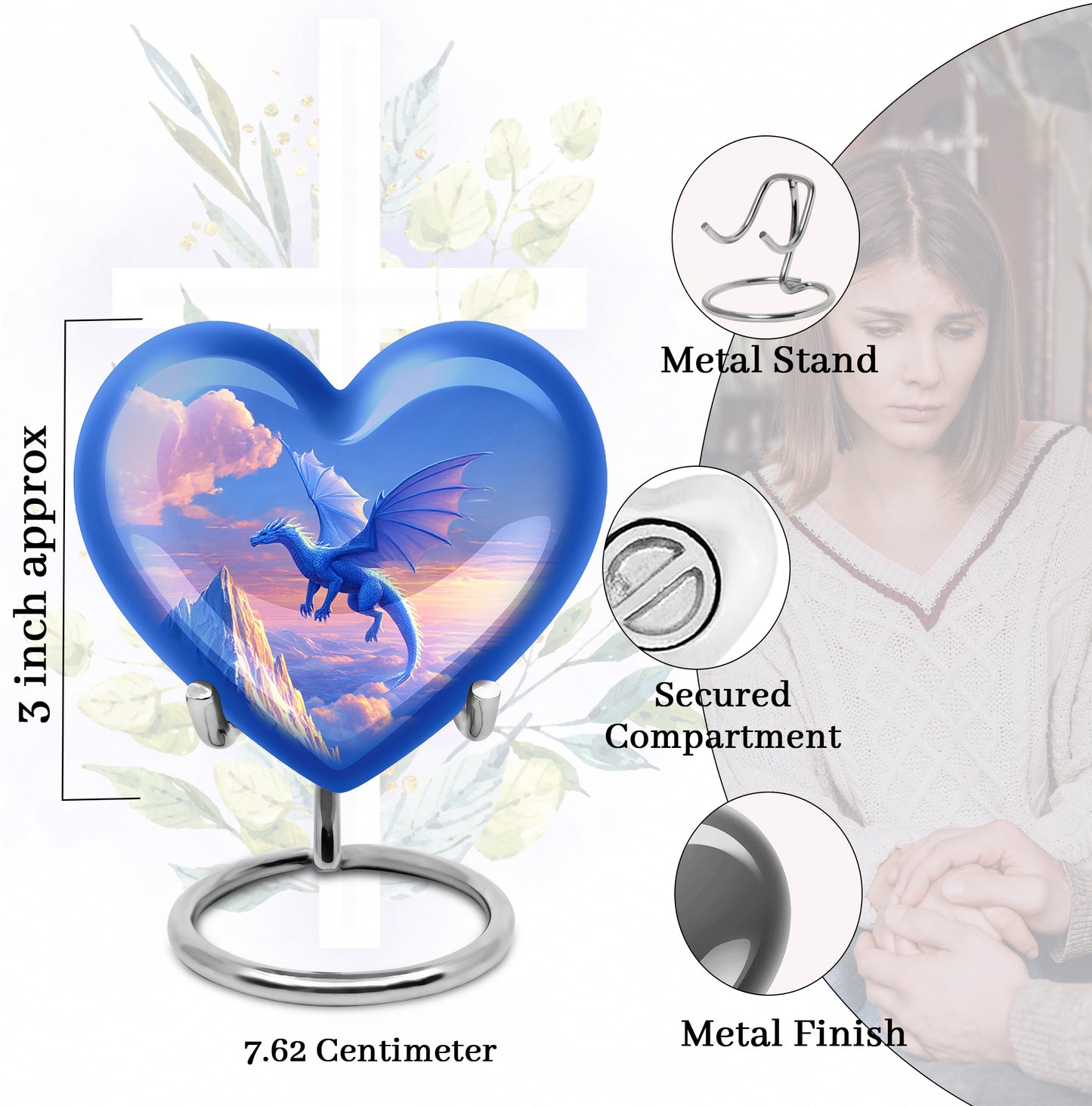 Bright Blue Dragon Cremation Urn front view showing detailed design - romantic heart urn with dragon motif on aluminum - mini keepsake memorial for portion of cremation ashes