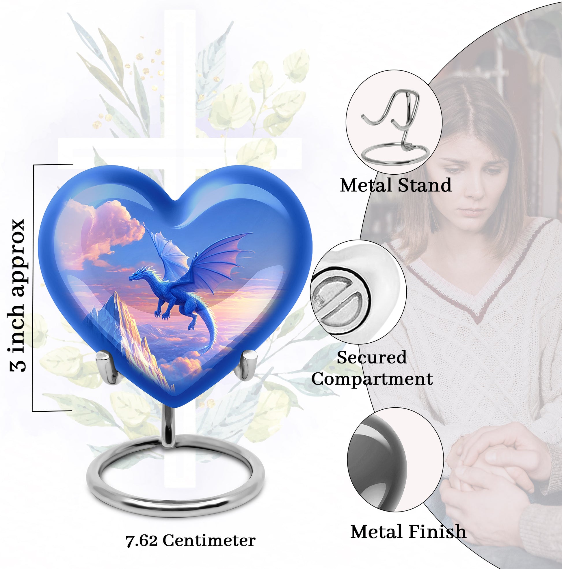 Bright Blue Dragon Cremation Urn front view showing detailed design - romantic heart urn with dragon motif on aluminum - mini keepsake memorial for portion of cremation ashes