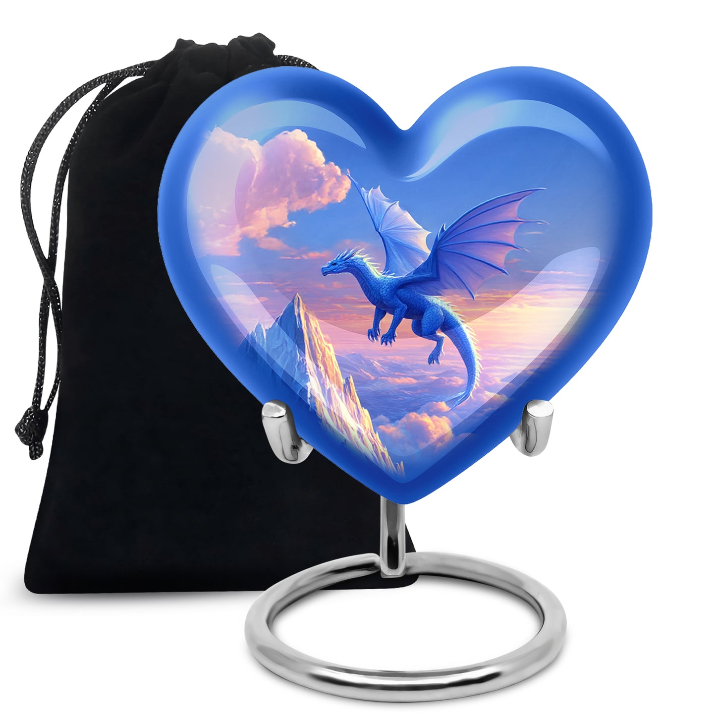 Misty Blue Dragon Cremation Urn detail view - loving heart memorial featuring dragon pattern - full-size 10 inch 200 cubic inch adult cremation urn