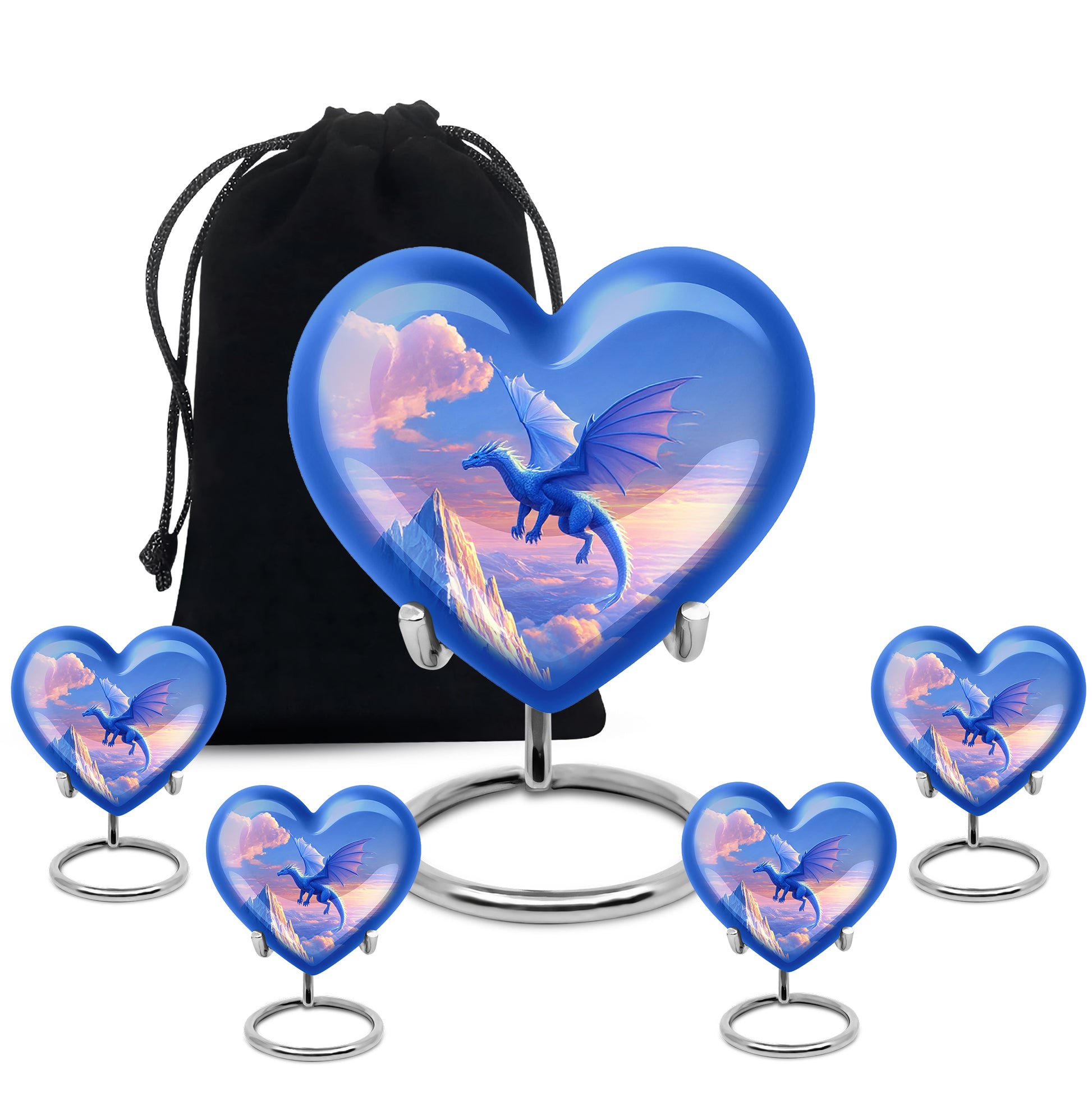 Cornflower Blue Dragon Cremation Urn close-up of engraving and surface detail - compassionate heart-dragon combination with gentle curves - memorial set with one large and four small urns