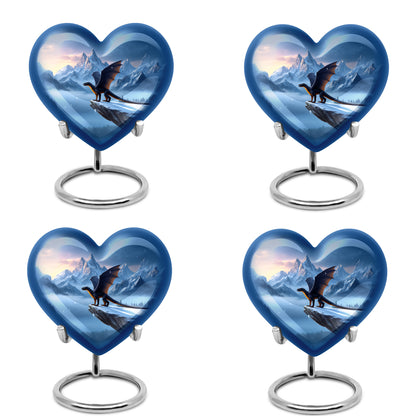 Icy Blue Dragon Cremation Urn angled view of lid and engraved motif - loving heart memorial featuring dragon pattern - 10 inch aluminum urn for cremated remains