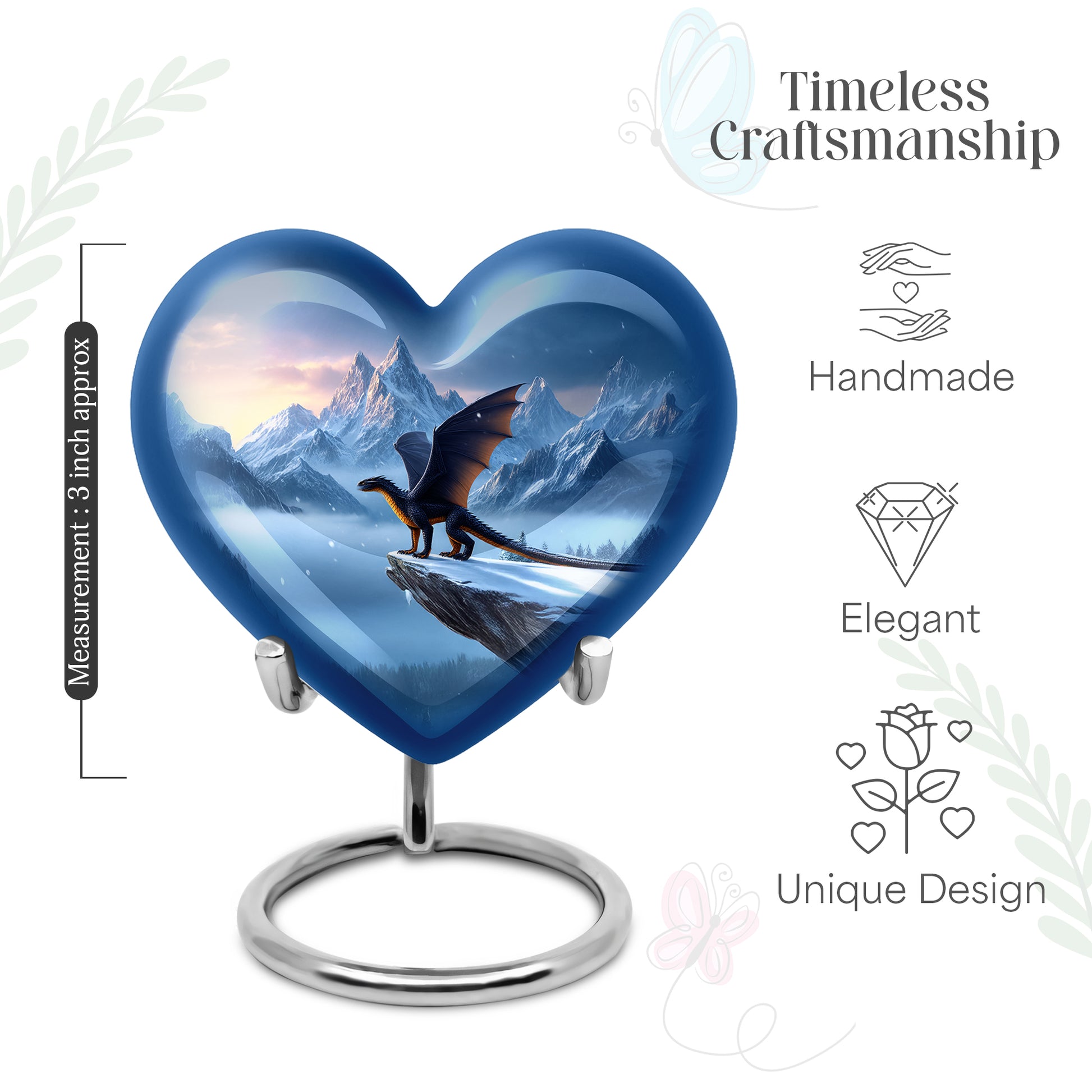 Soft Blue Dragon Cremation Urn front view showing detailed design - romantic heart urn with dragon motif on aluminum - mini keepsake memorial for portion of cremation ashes