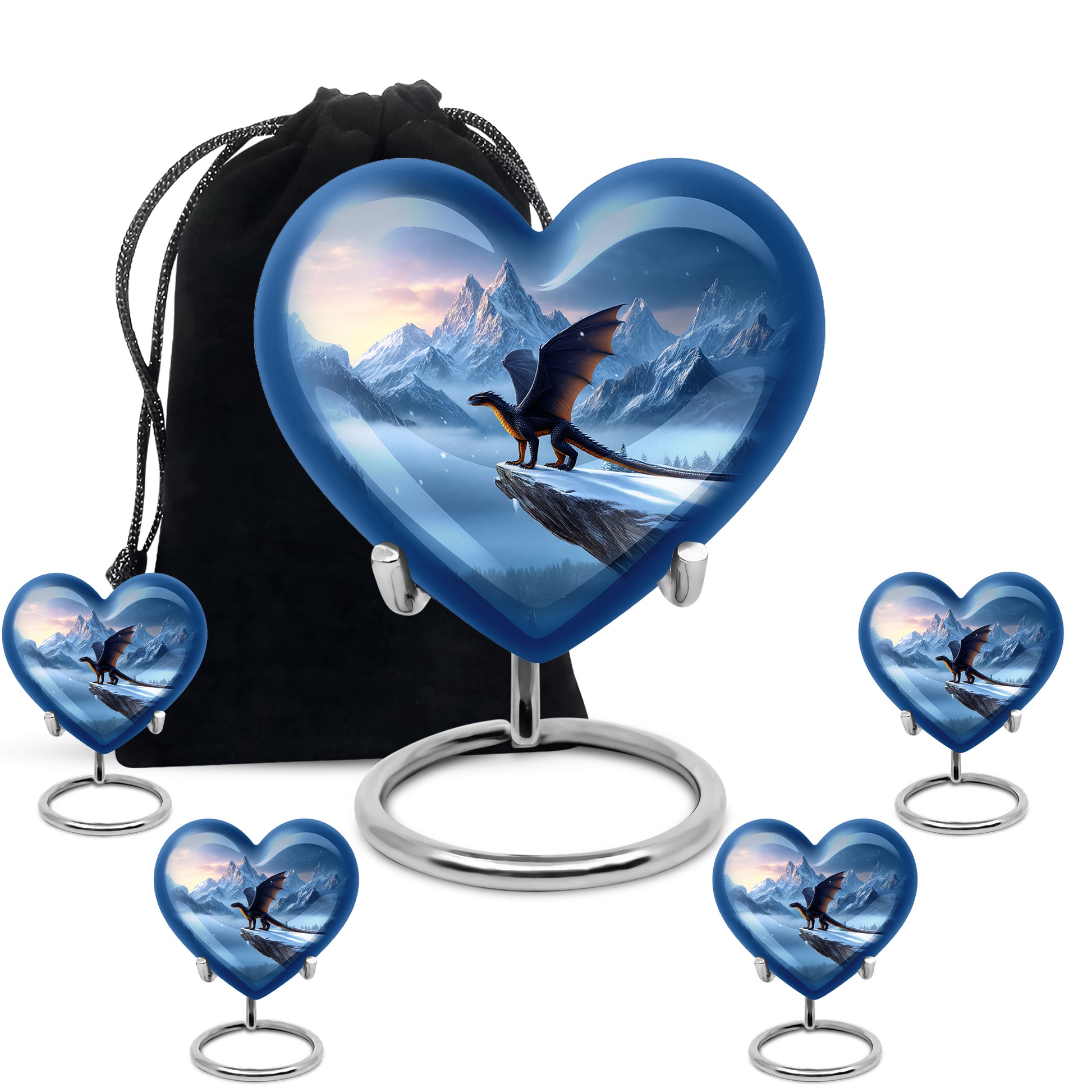 Vivid Blue Dragon Cremation Urn close-up of engraving and surface detail - compassionate heart-dragon combination with gentle curves - memorial set with one large and four small urns