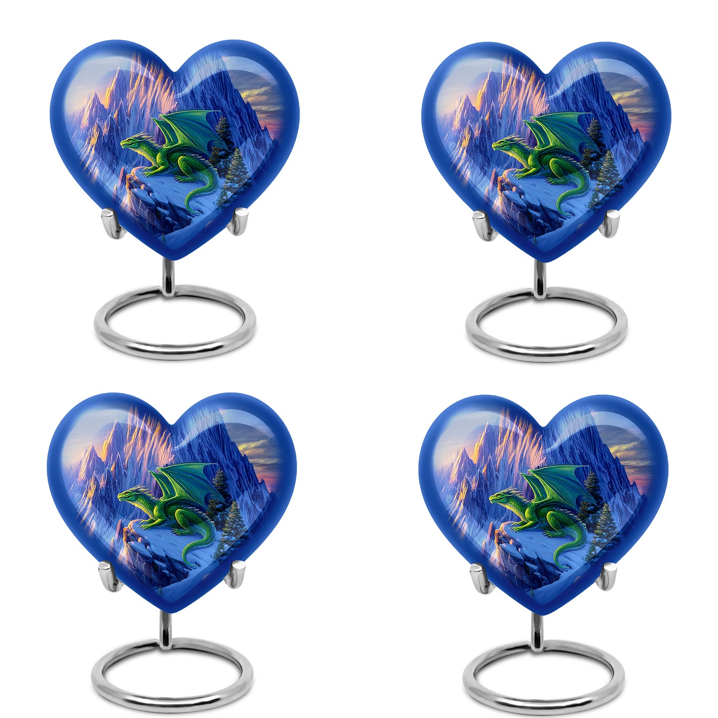 Sapphire Blue Dragon Cremation Urn angled view of lid and engraved motif - romantic heart urn with dragon motif on aluminum - 10 inch aluminum urn for cremated remains