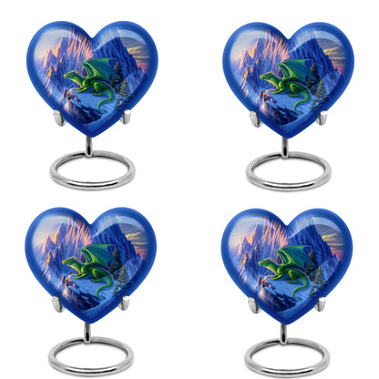 Sapphire Blue Dragon Cremation Urn angled view of lid and engraved motif - romantic heart urn with dragon motif on aluminum - 10 inch aluminum urn for cremated remains