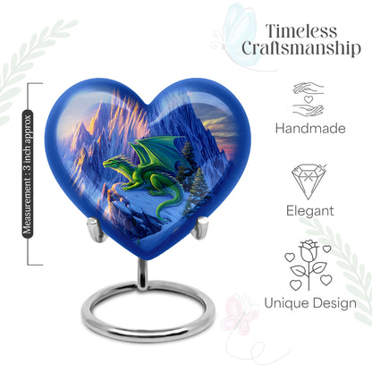 Calming Blue Dragon Cremation Urn front view showing detailed design - romantic heart urn with dragon motif on aluminum - mini keepsake memorial for portion of cremation ashes