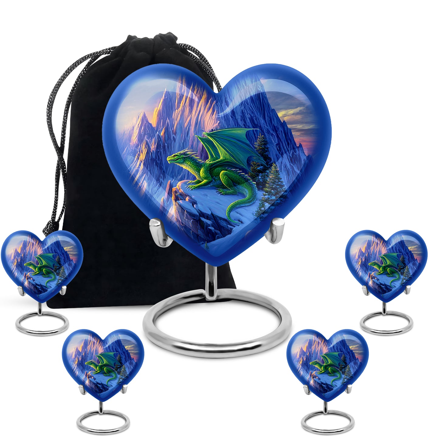 Misty Blue Dragon Cremation Urn close-up of engraving and surface detail - heart-shaped dragon design symbolizing eternal love - memorial set with one large and four small urns